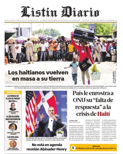 Portada Periódico Listín Diario, Martes 19 Septiembre, 2023