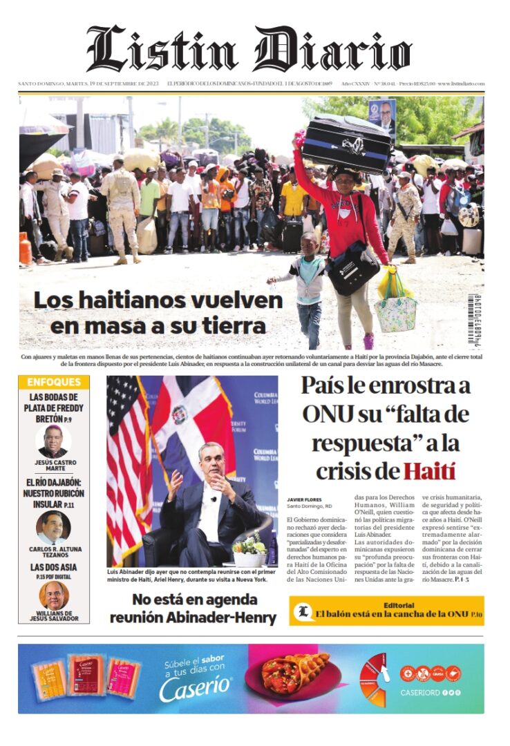 Portada Periódico Listín Diario, Martes 19 Septiembre, 2023