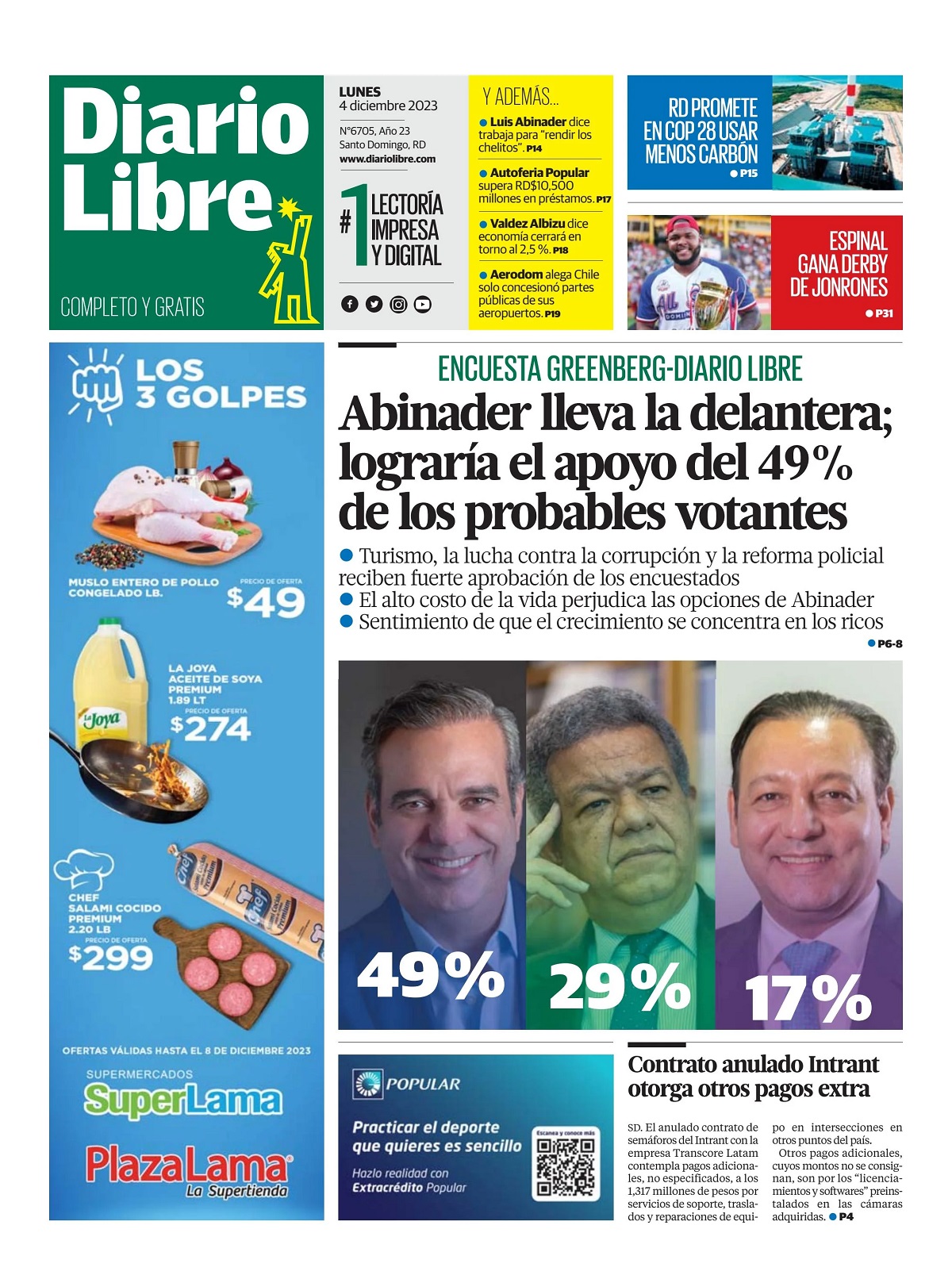 Portada Periódico Diario Libre, Lunes 04 Diciembre, 2023