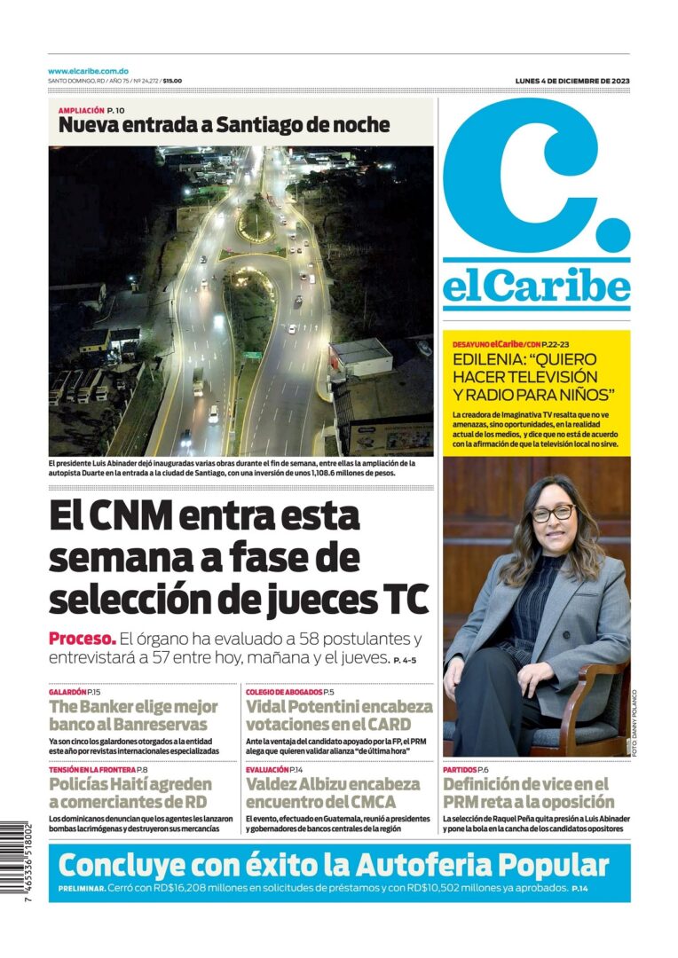 Portada Periódico El Caribe, Lunes 04 Diciembre, 2023