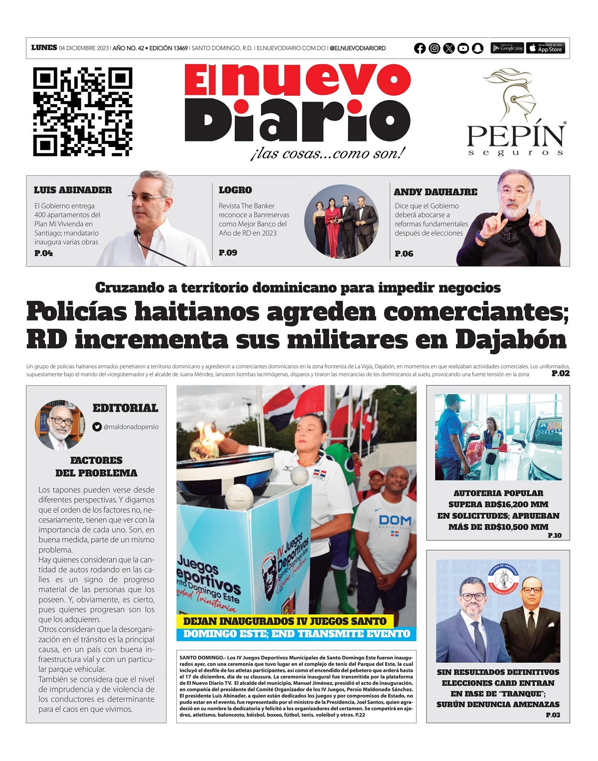 Portada Periódico El Nuevo Diario, Lunes 04 Diciembre, 2023