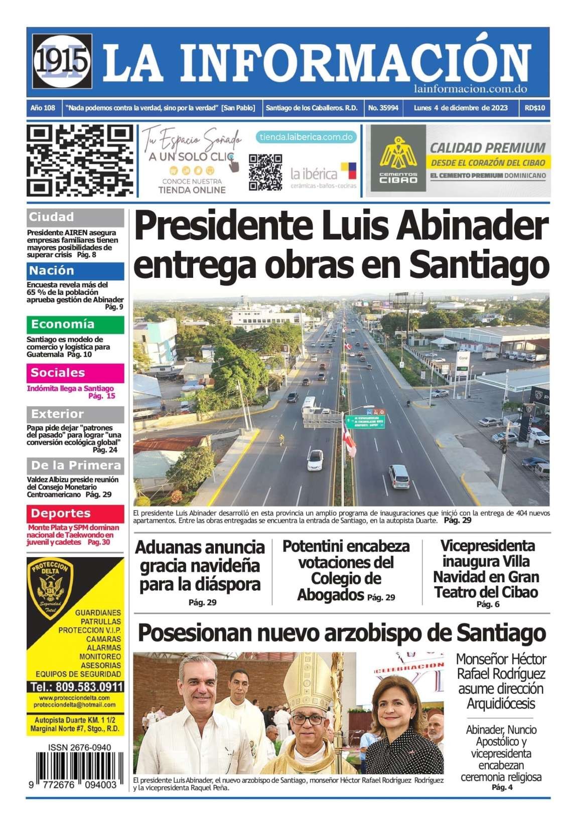 Portada Periódico La Información, Lunes 04 Diciembre, 2023
