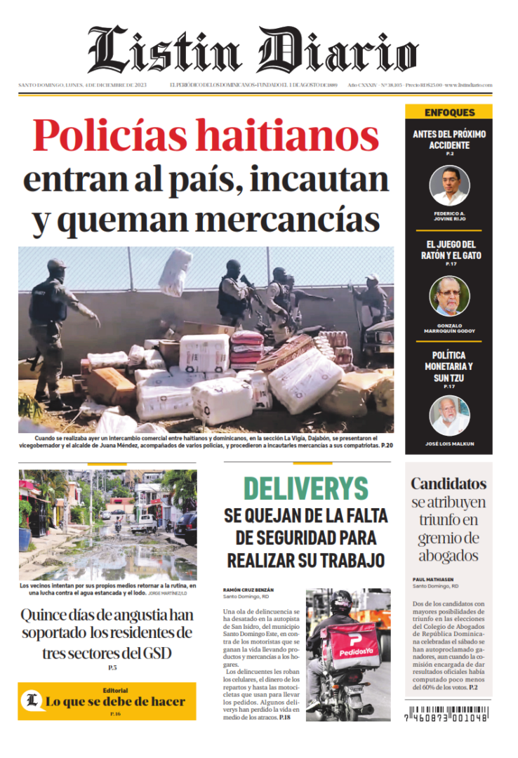 Portada Periódico Listín Diario, Lunes 04 Diciembre, 2023