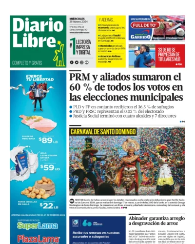 Portada Periódico Diario Libre, Jueves 22 Febrero, 2024