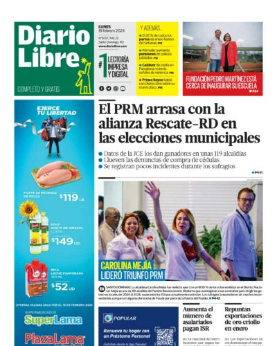 Portada Periódico Diario Libre, Lunes 19 Febrero, 2024