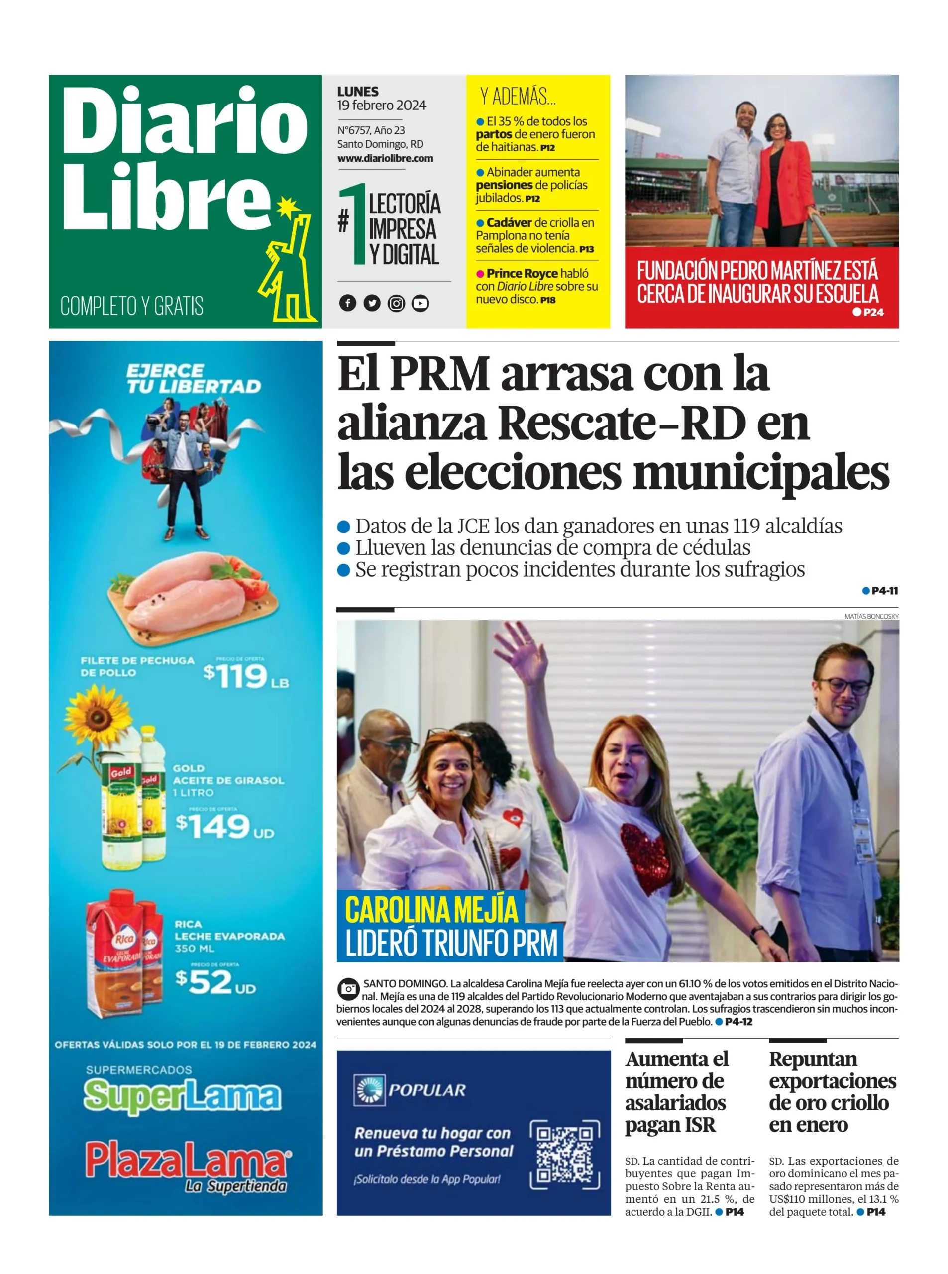 Portada Periódico Diario Libre, Lunes 19 Febrero, 2024