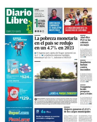 Portada Periódico Diario Libre, Lunes 26 Febrero, 2024