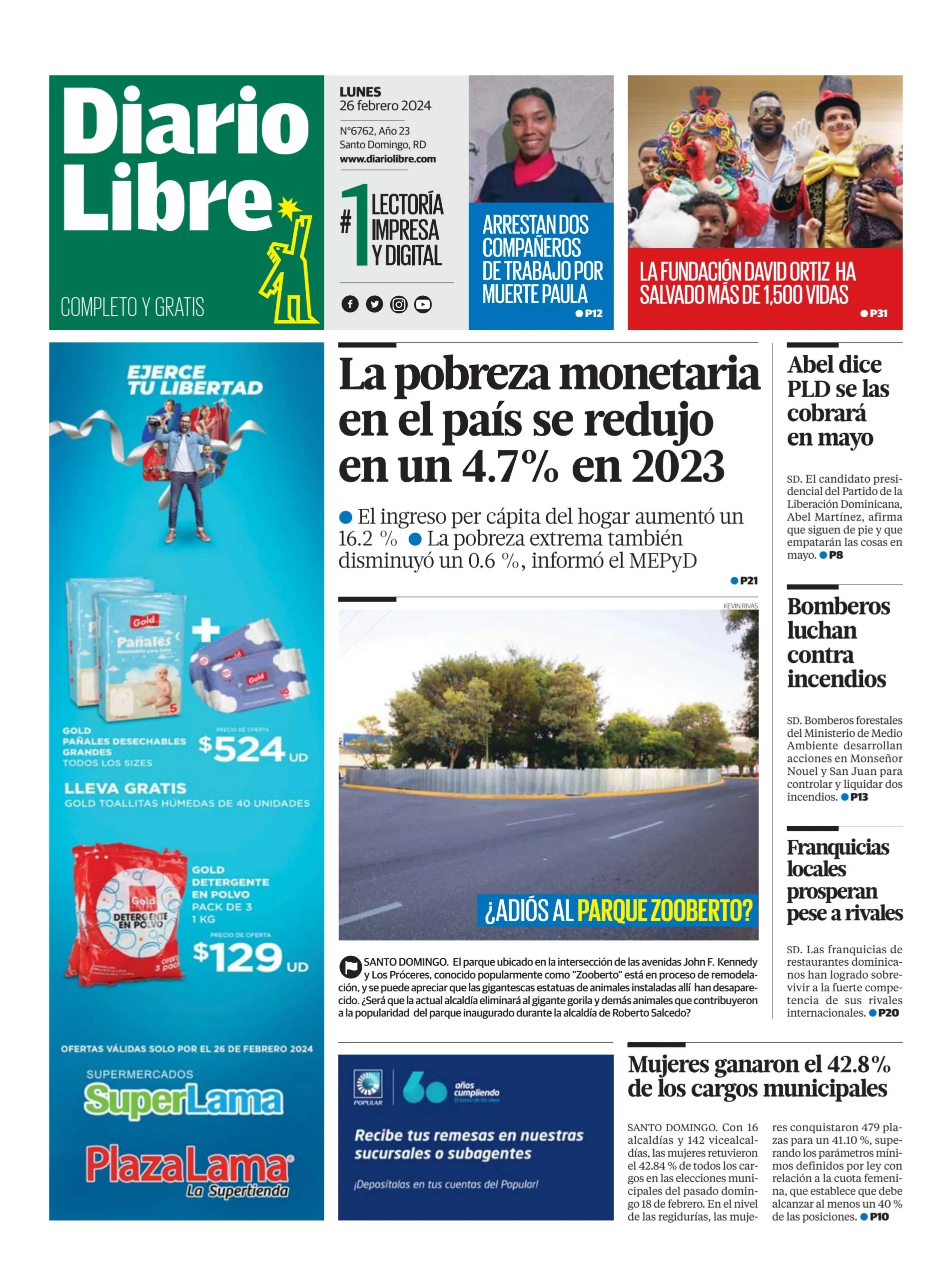 Portada Periódico Diario Libre, Lunes 26 Febrero, 2024