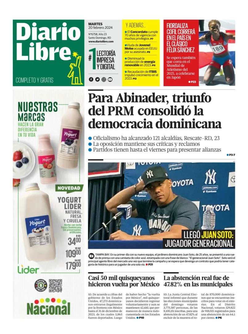 Portada Periódico Diario Libre, Martes 20 Febrero, 2024