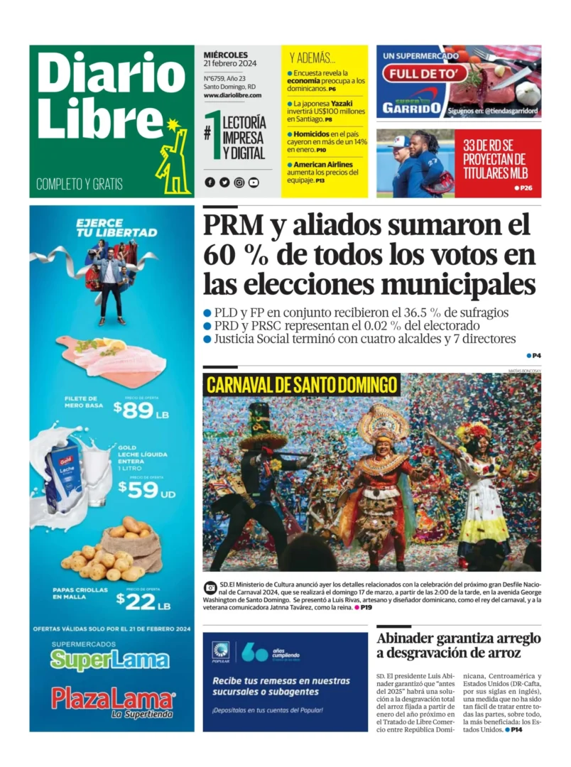 Portada Periódico Diario Libre, Miércoles 21 Febrero, 2024