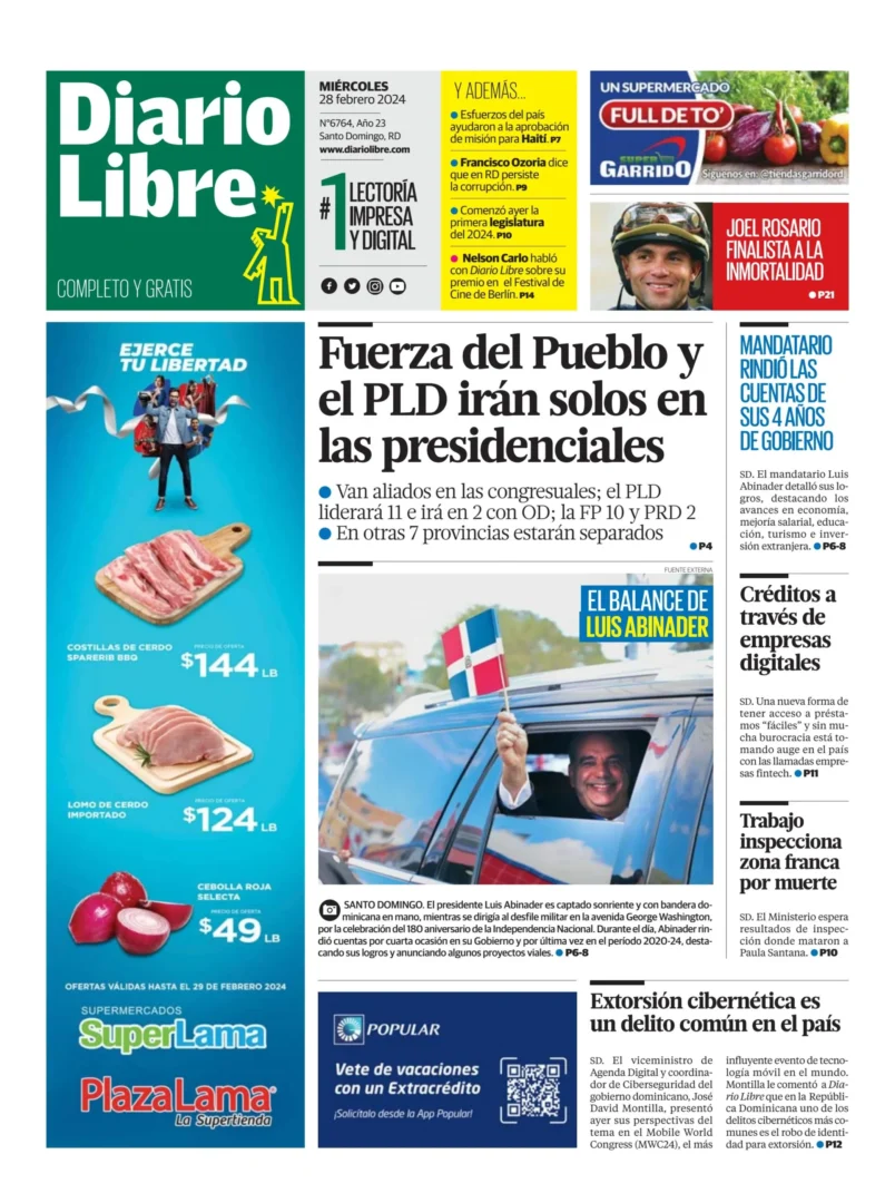 Portada Periódico Diario Libre, Miércoles 28 Febrero, 2024