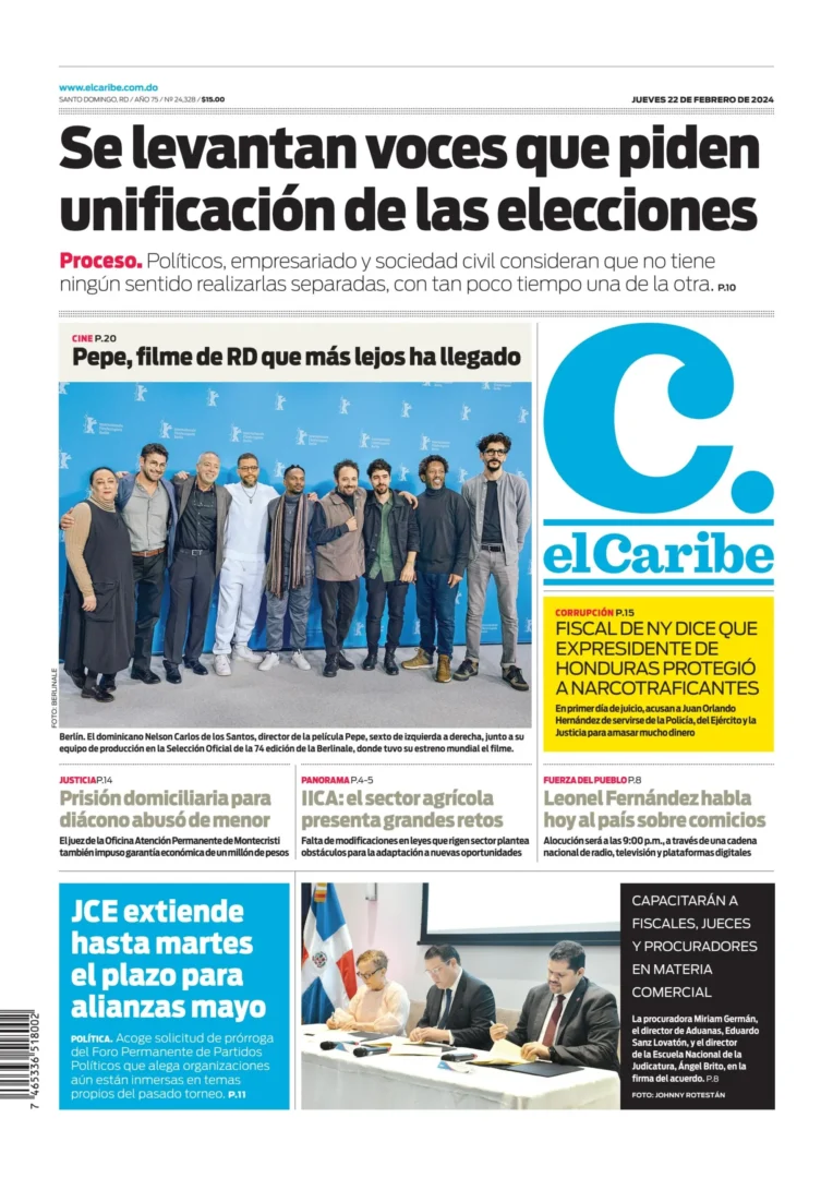 Portada Periódico El Caribe, Jueves 22 Febrero, 2024