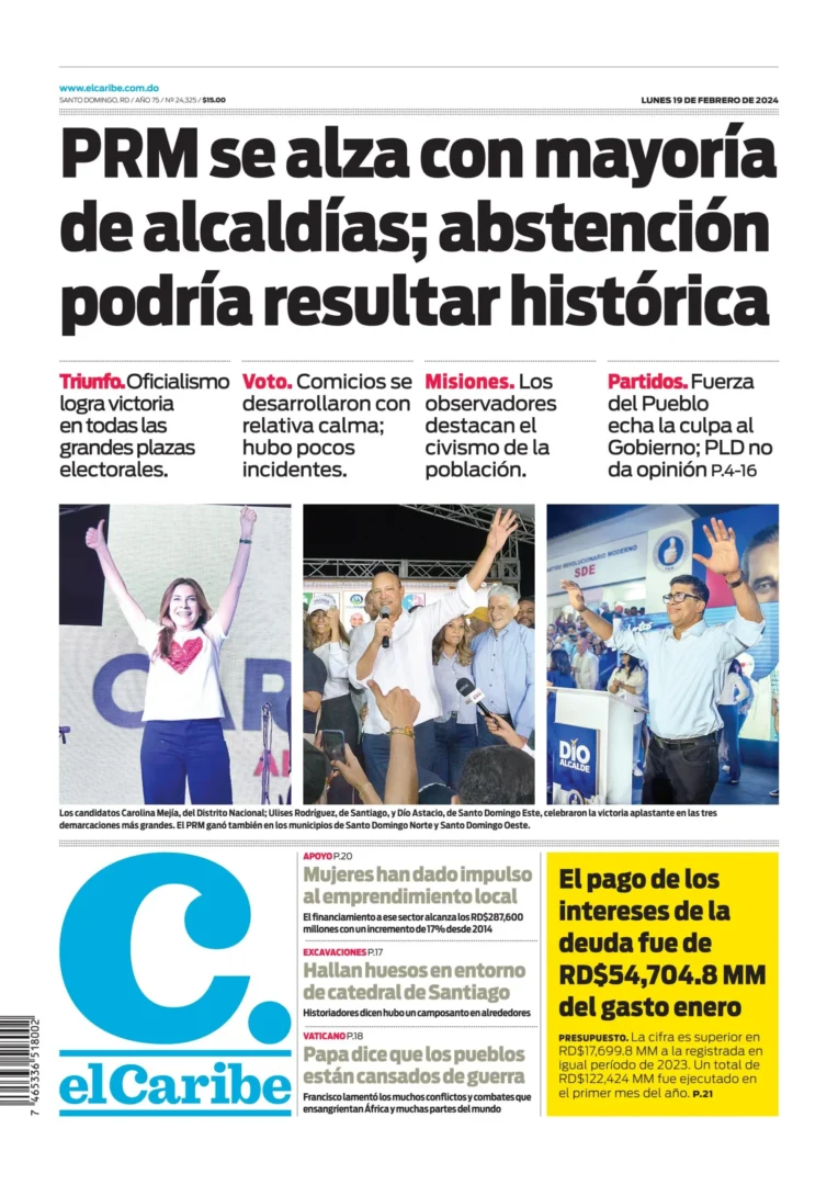 Portada Periódico El Caribe, Lunes 19 Febrero, 2024