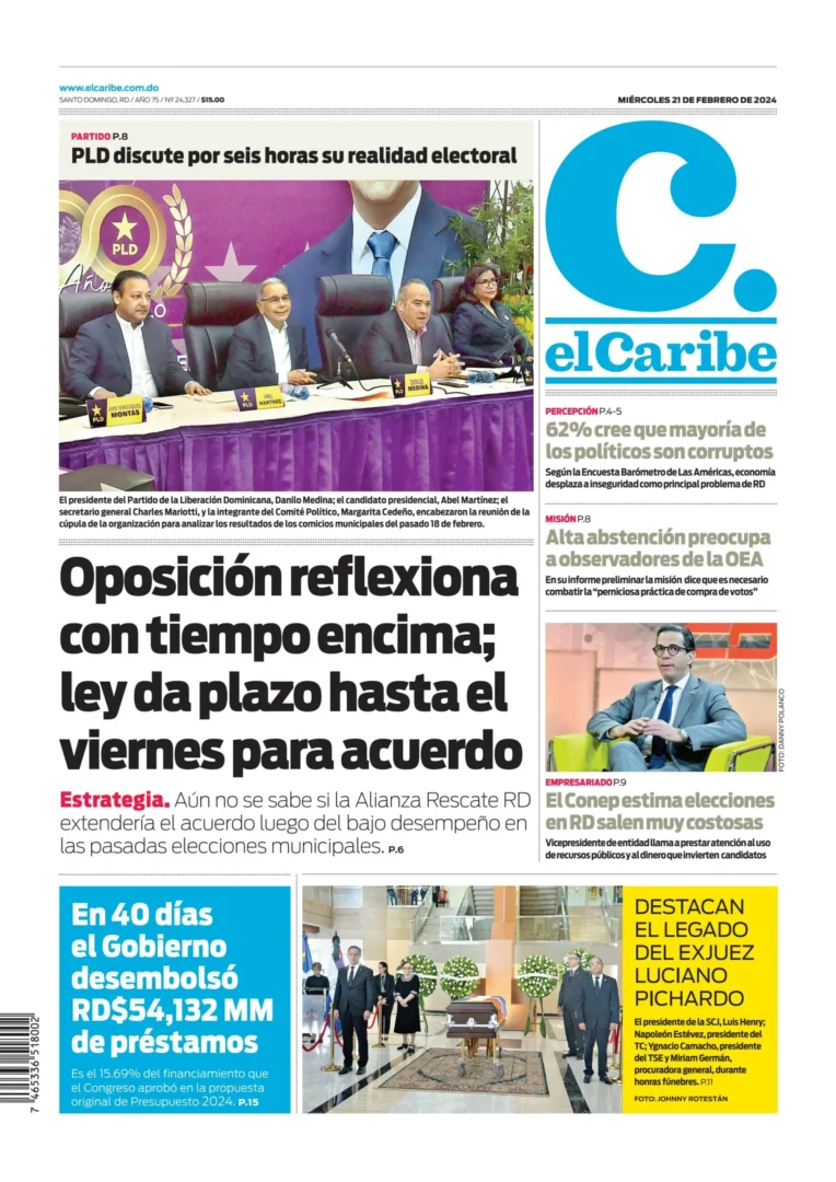 Portada Periódico El Caribe, Miércoles 21 Febrero, 2024