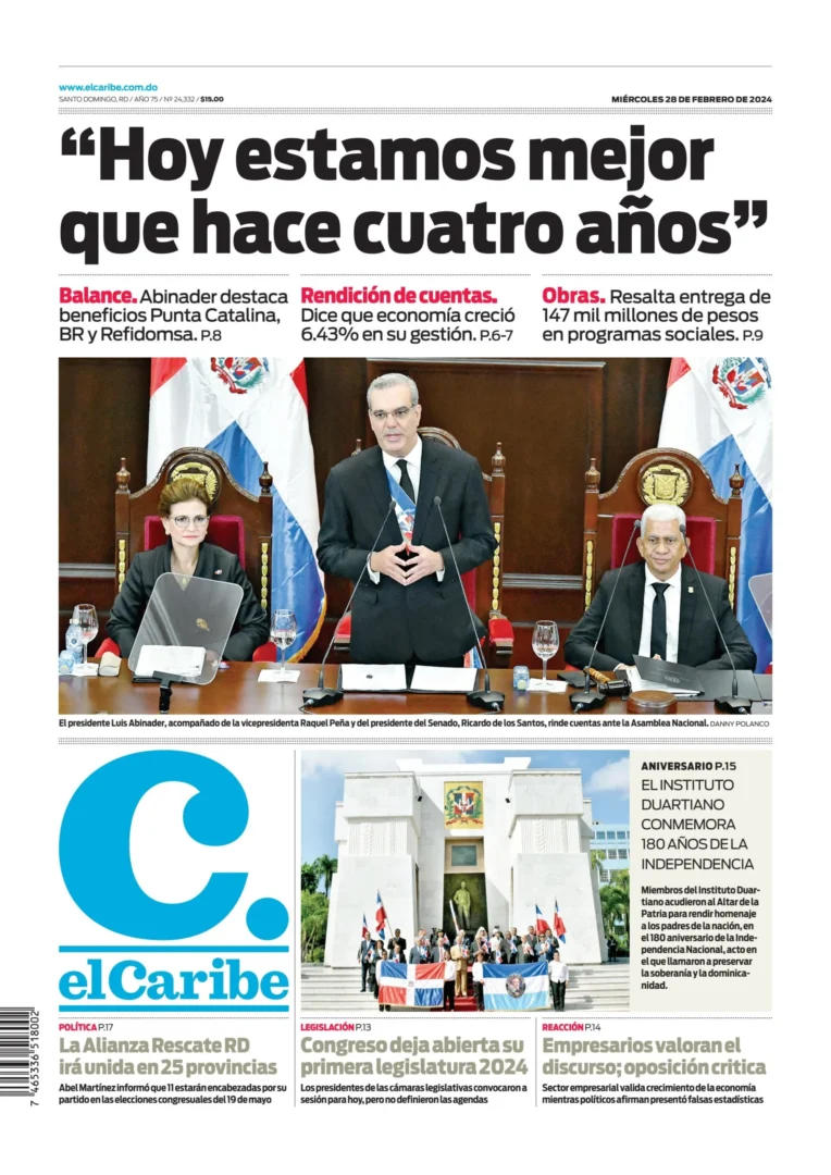 Portada Periódico El Caribe, Miércoles 28 Febrero, 2024
