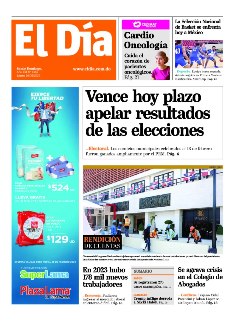 Portada Periódico El Día, Lunes 26 Febrero, 2024