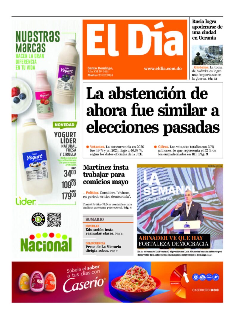 Portada Periódico El Día, Martes 20 Febrero, 2024