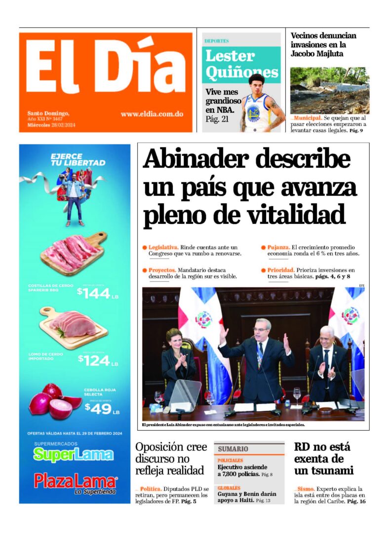 Portada Periódico El Día, Miércoles 28 Febrero, 2024