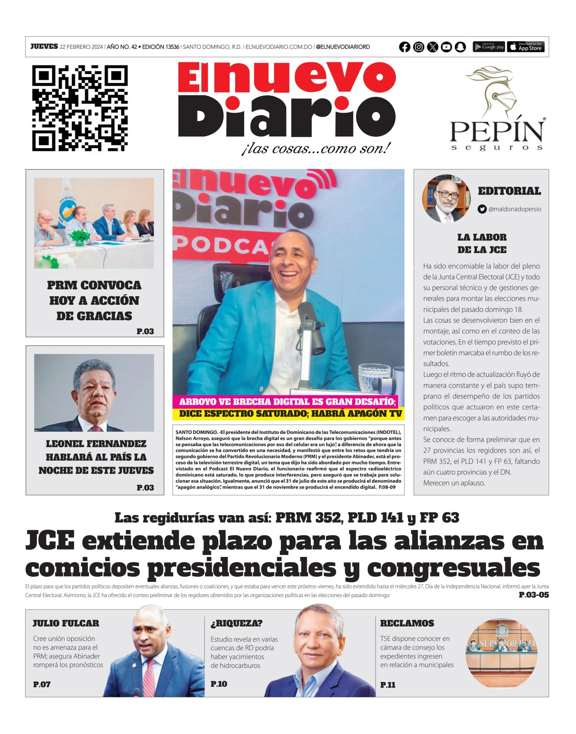 Portada Periódico El Nuevo Diario, Jueves 22 Febrero, 2024