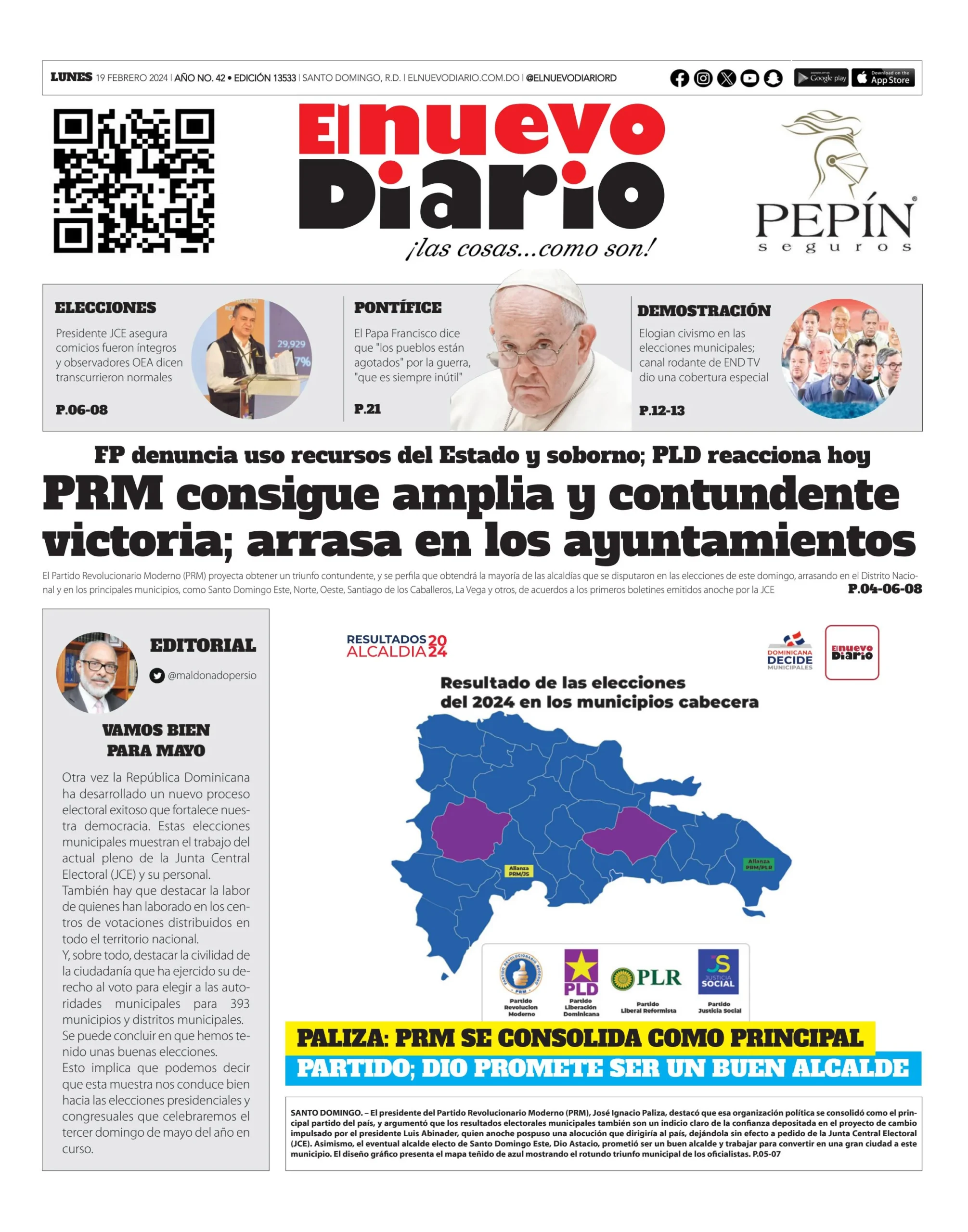 Portada Periódico El Nuevo Diario, Lunes 19 Febrero, 2024