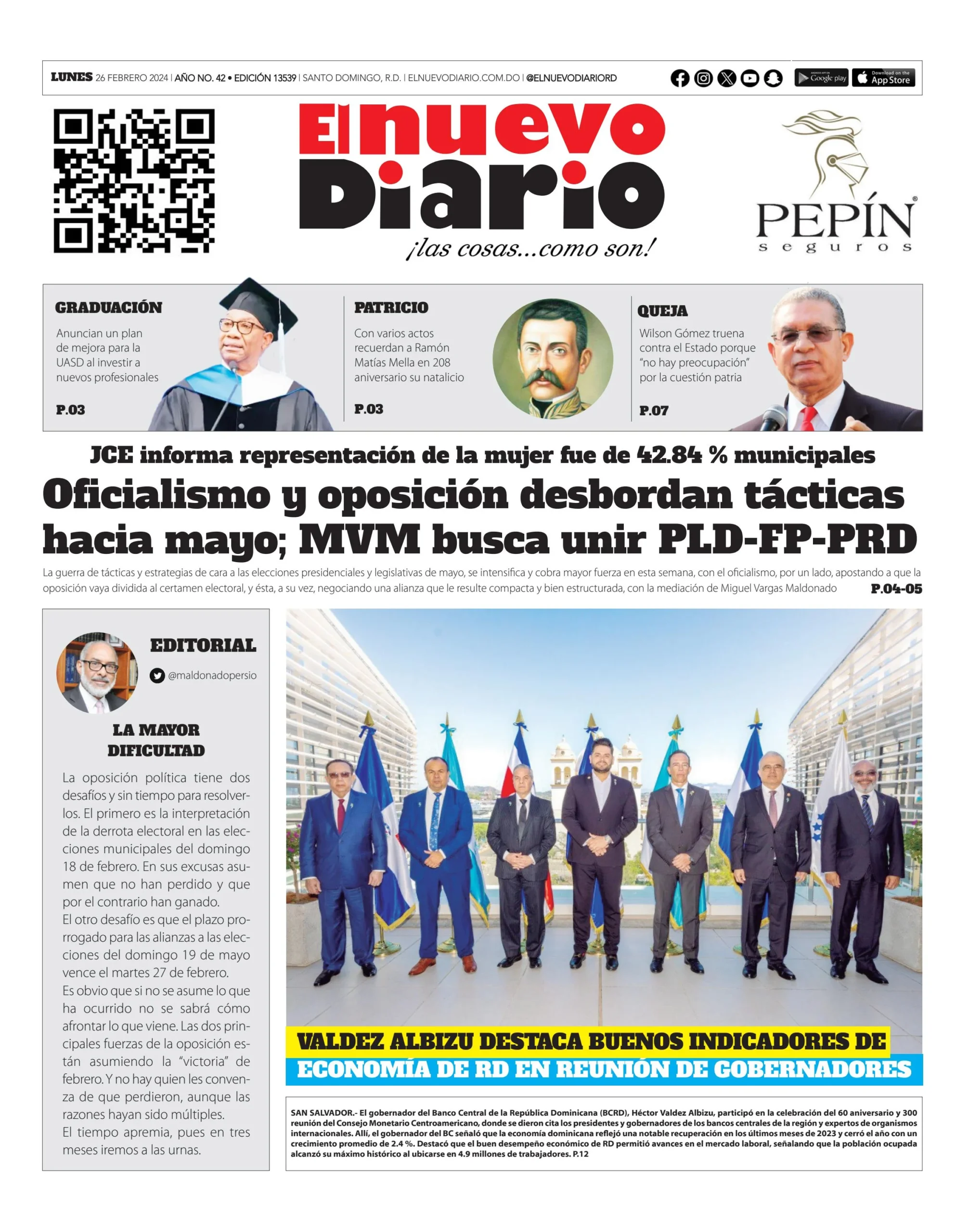 Portada Periódico El Nuevo Diario, Lunes 26 Febrero, 2024