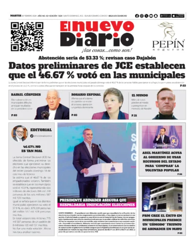 Portada Periódico El Nuevo Diario, Martes 20 Febrero, 2024