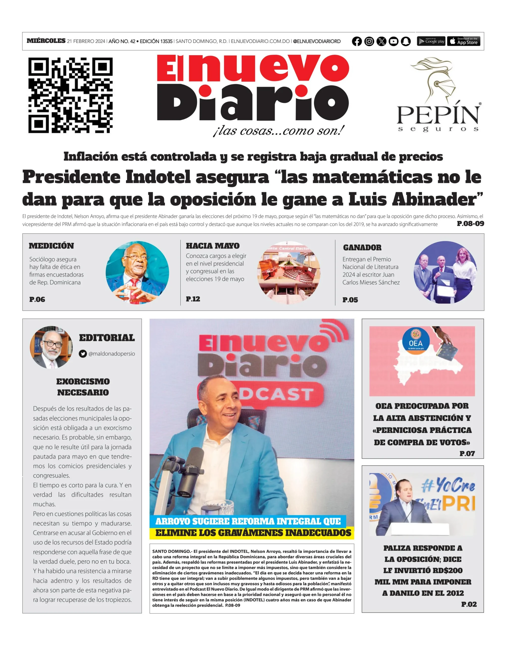 Portada Periódico El Nuevo Diario, Miércoles 21 Febrero, 2024