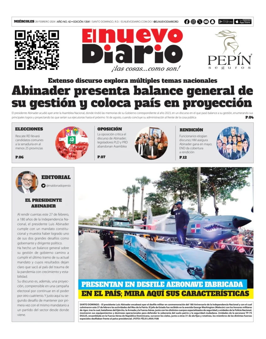 Portada Periódico El Nuevo Diario, Miércoles 28 Febrero, 2024