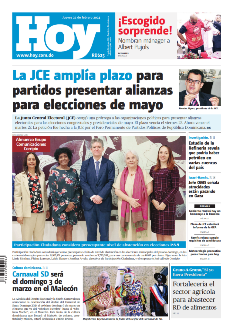 Portada Periódico Hoy, Jueves 22 Febrero, 2024