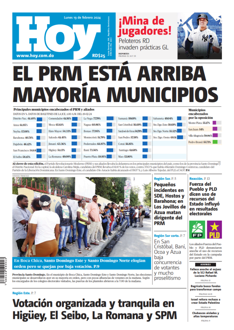 Portada Periódico Hoy, Lunes 19 Febrero, 2024