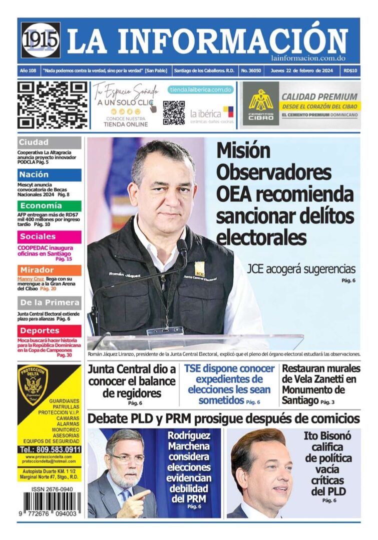 Portada Periódico La Información, Jueves 22 Febrero, 2024