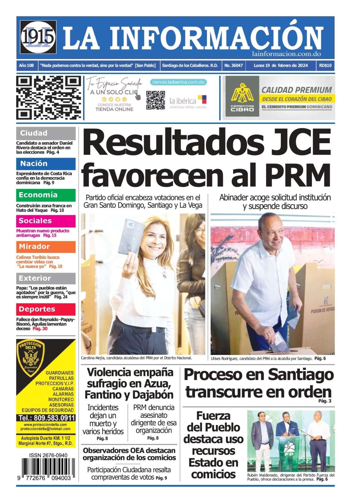 Portada Periódico La Información, Lunes 19 Febrero, 2024