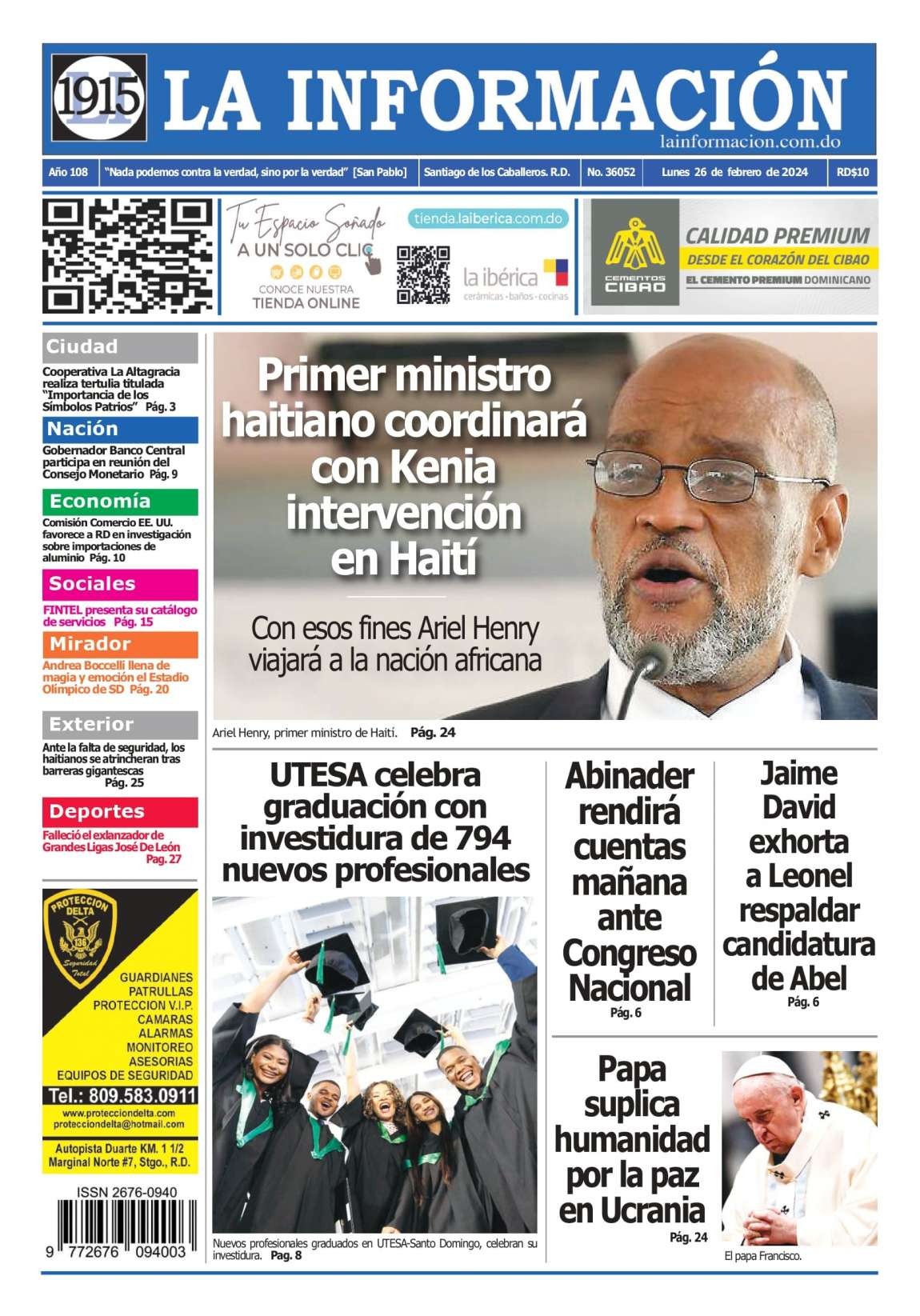 Portada Periódico La Información, Lunes 26 Febrero, 2024