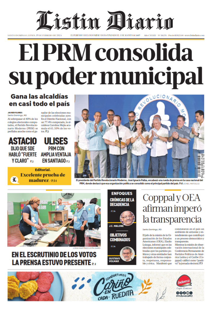 Portada Periódico Listín Diario, Lunes 19 Febrero, 2024