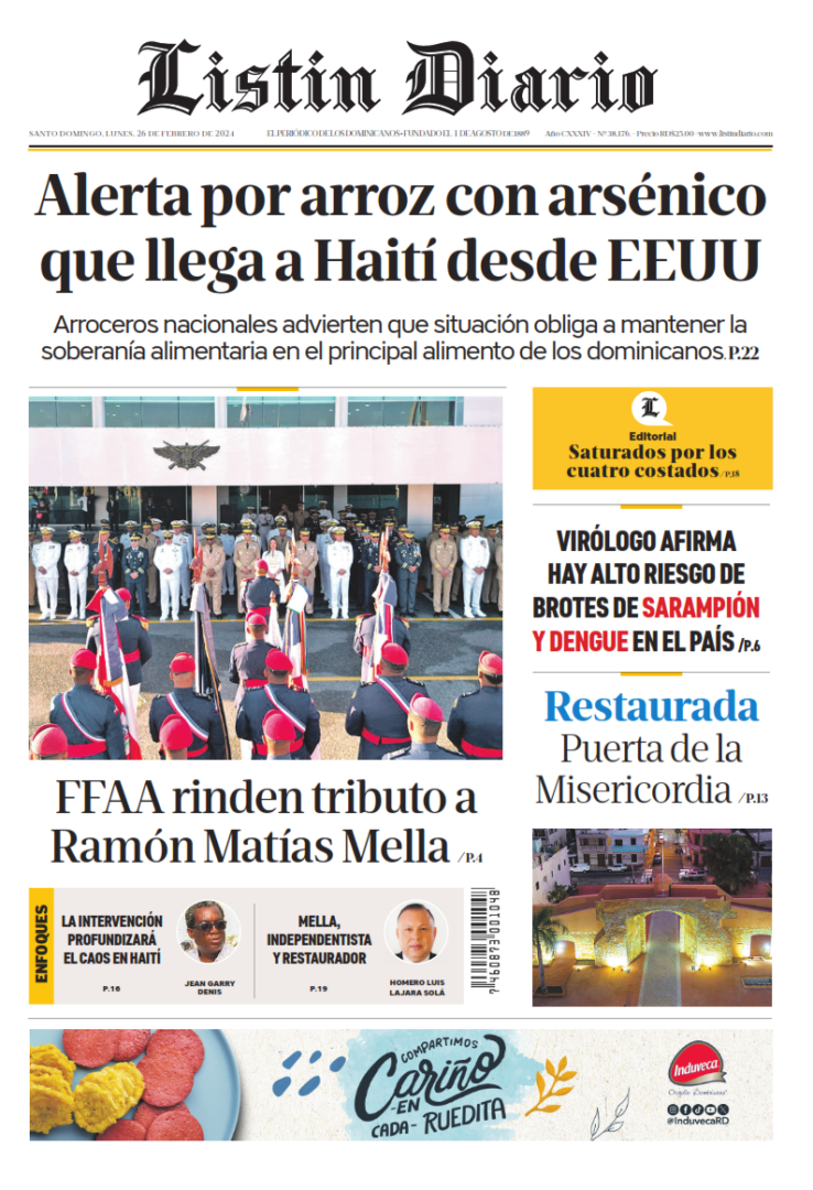 Portada Periódico Listín Diario, Lunes 26 Febrero, 2024