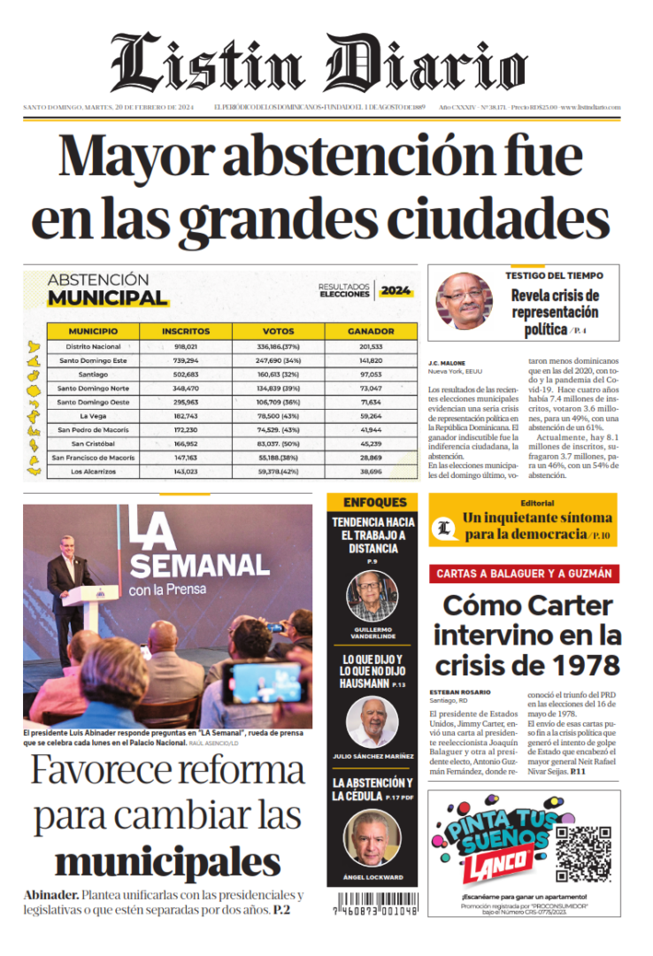 Portada Periódico Listín Diario, Martes 20 Febrero, 2024