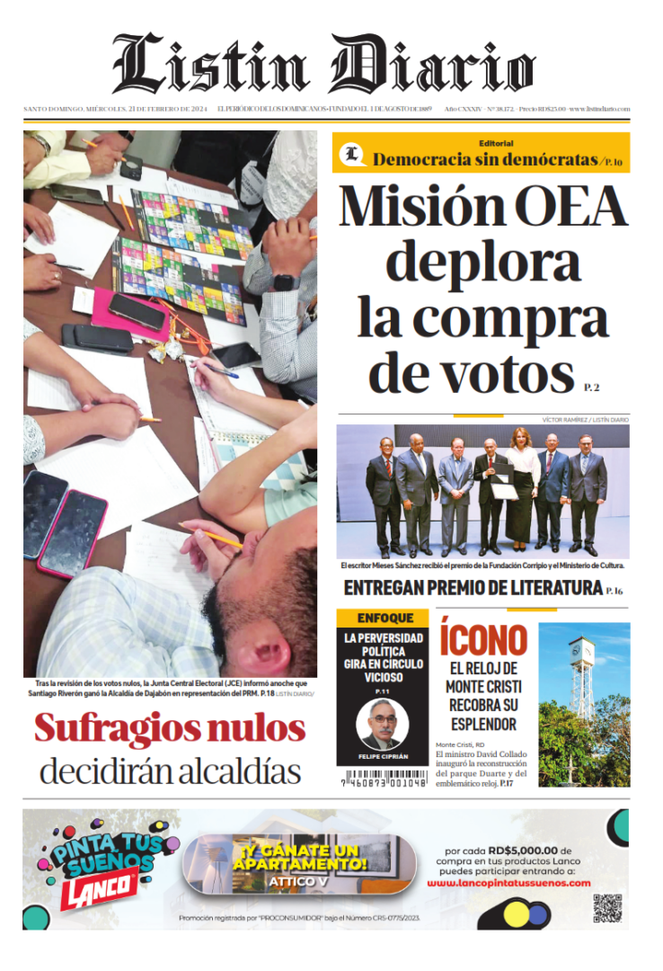 Portada Periódico Listín Diario, Miércoles 21 Febrero, 2024