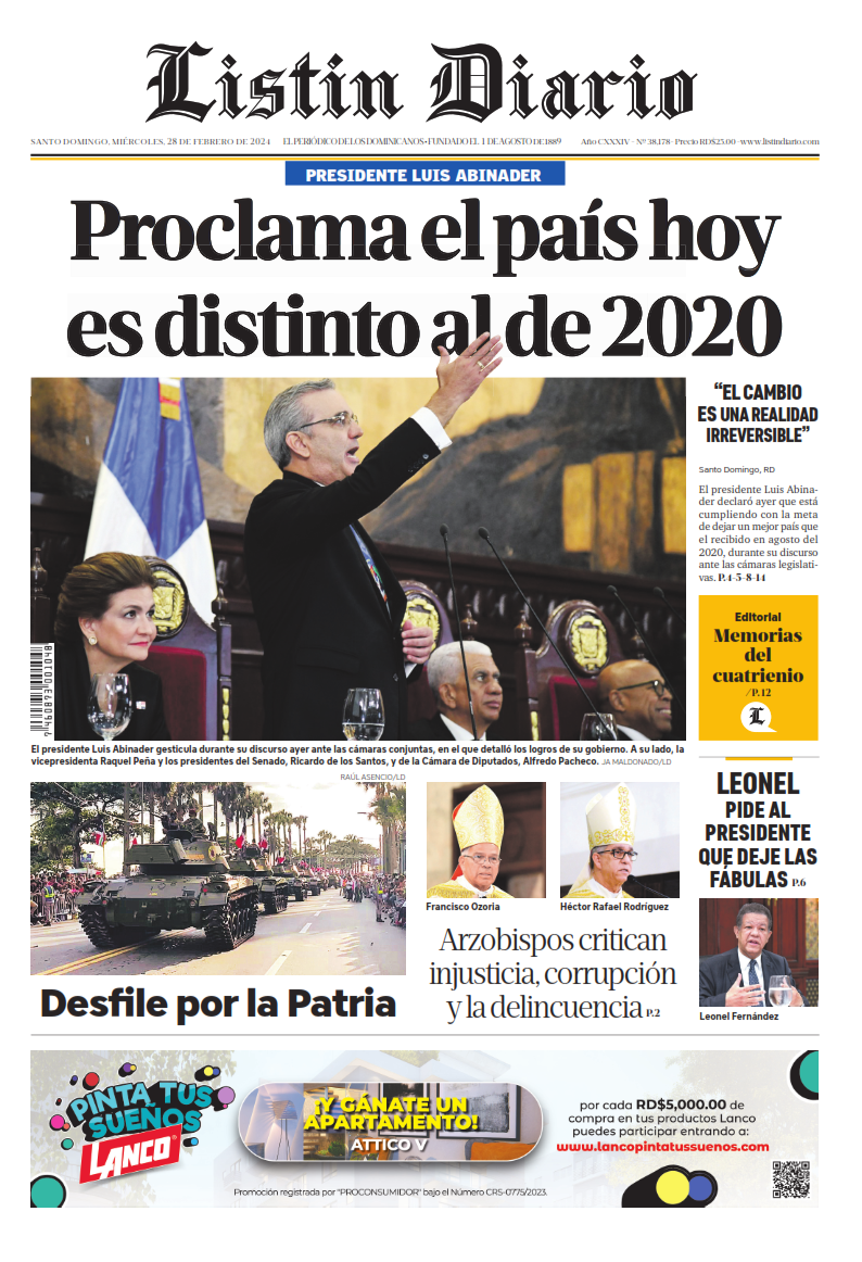Portada Periódico Listín Diario, Miércoles 28 Febrero, 2024