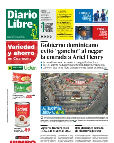 Portada Periódico Diario Libre, Jueves 07 Marzo, 2024