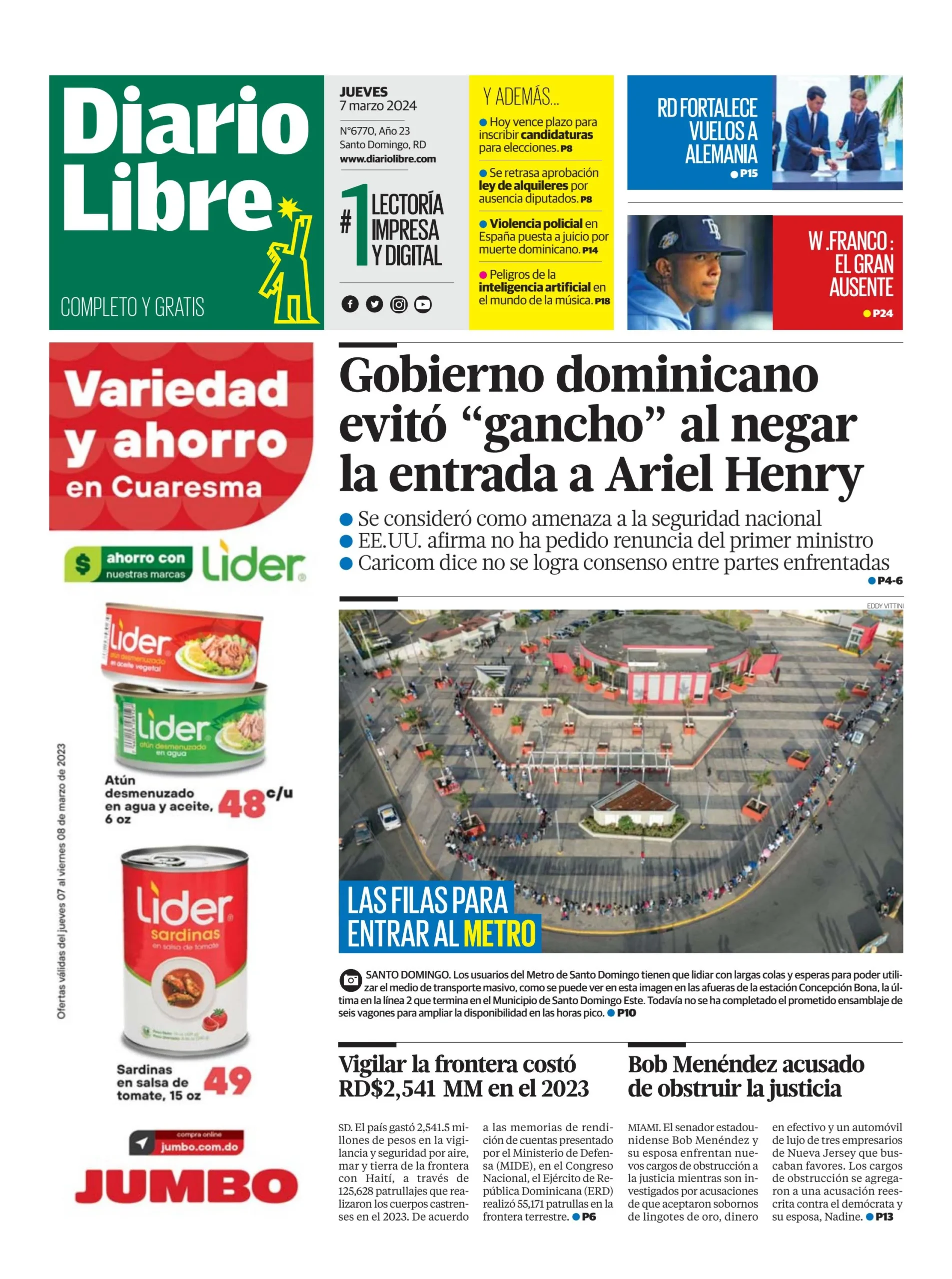 Portada Periódico Diario Libre, Jueves 07 Marzo, 2024