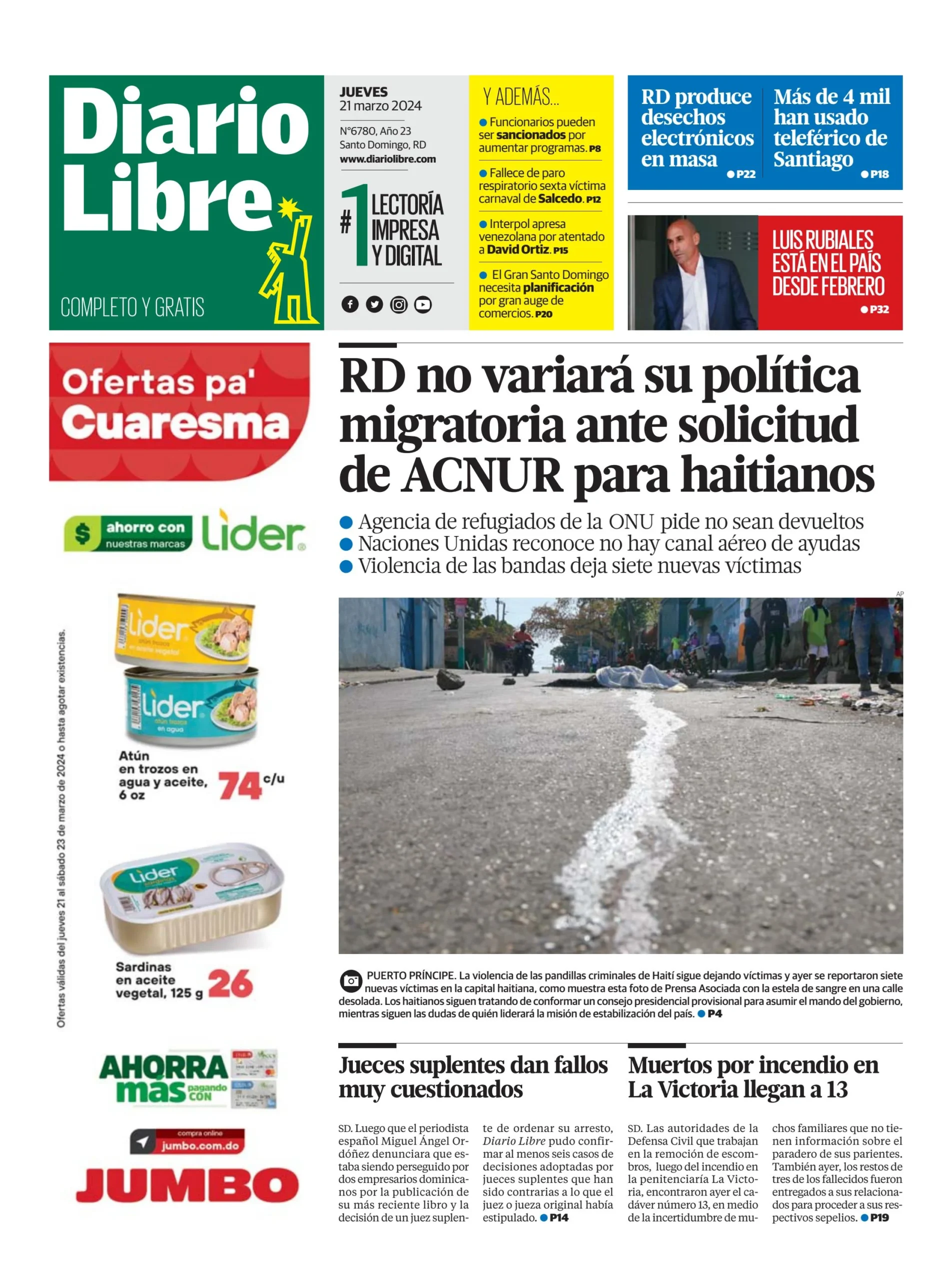 Portada Periódico Diario Libre, Jueves 21 Marzo, 2024
