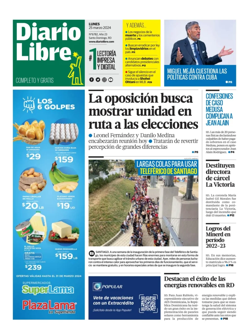 Portada Periódico Diario Libre, Lunes 25 Marzo, 2024