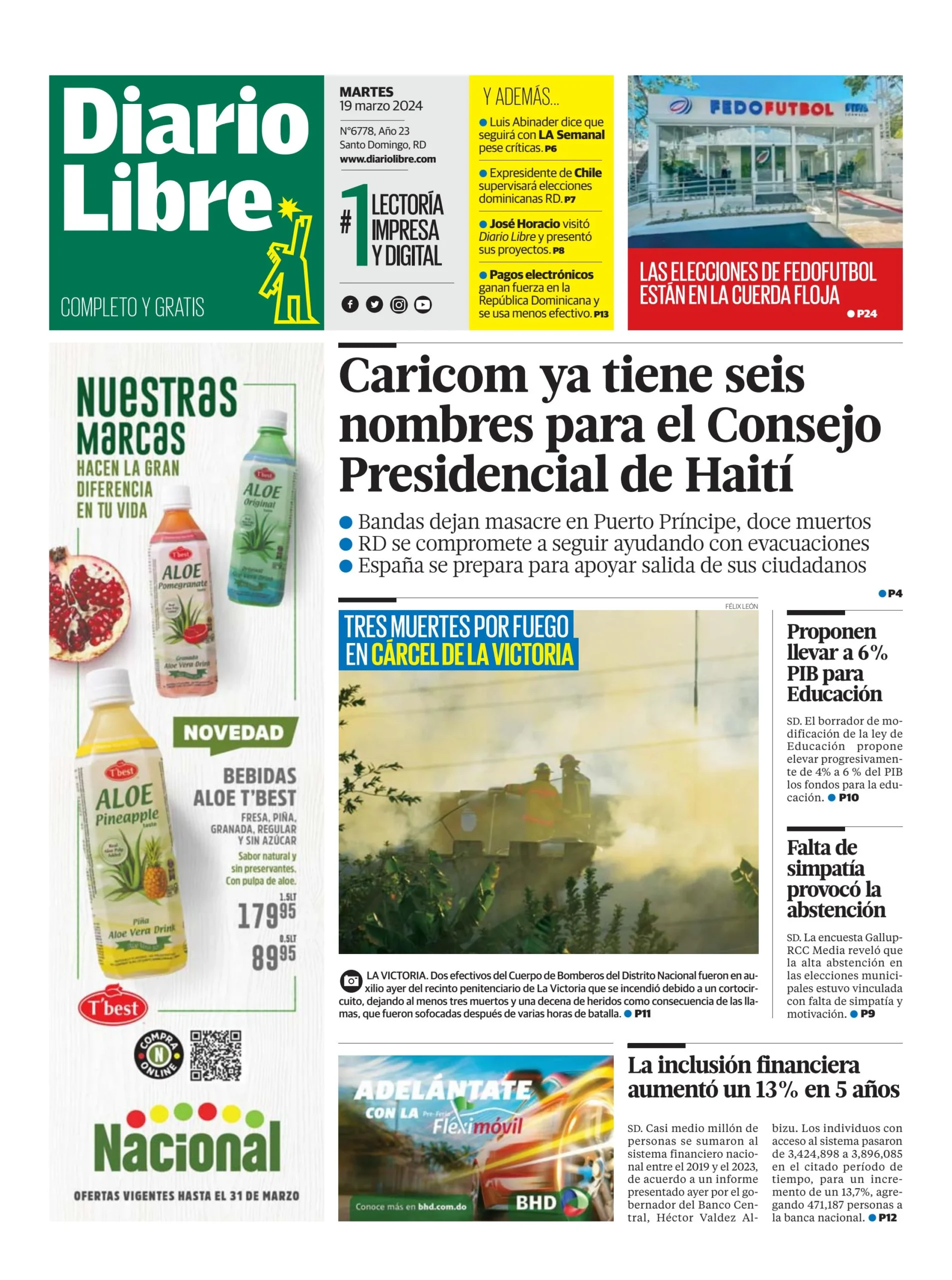 Portada Periódico Diario Libre, Martes 19 Marzo, 2024