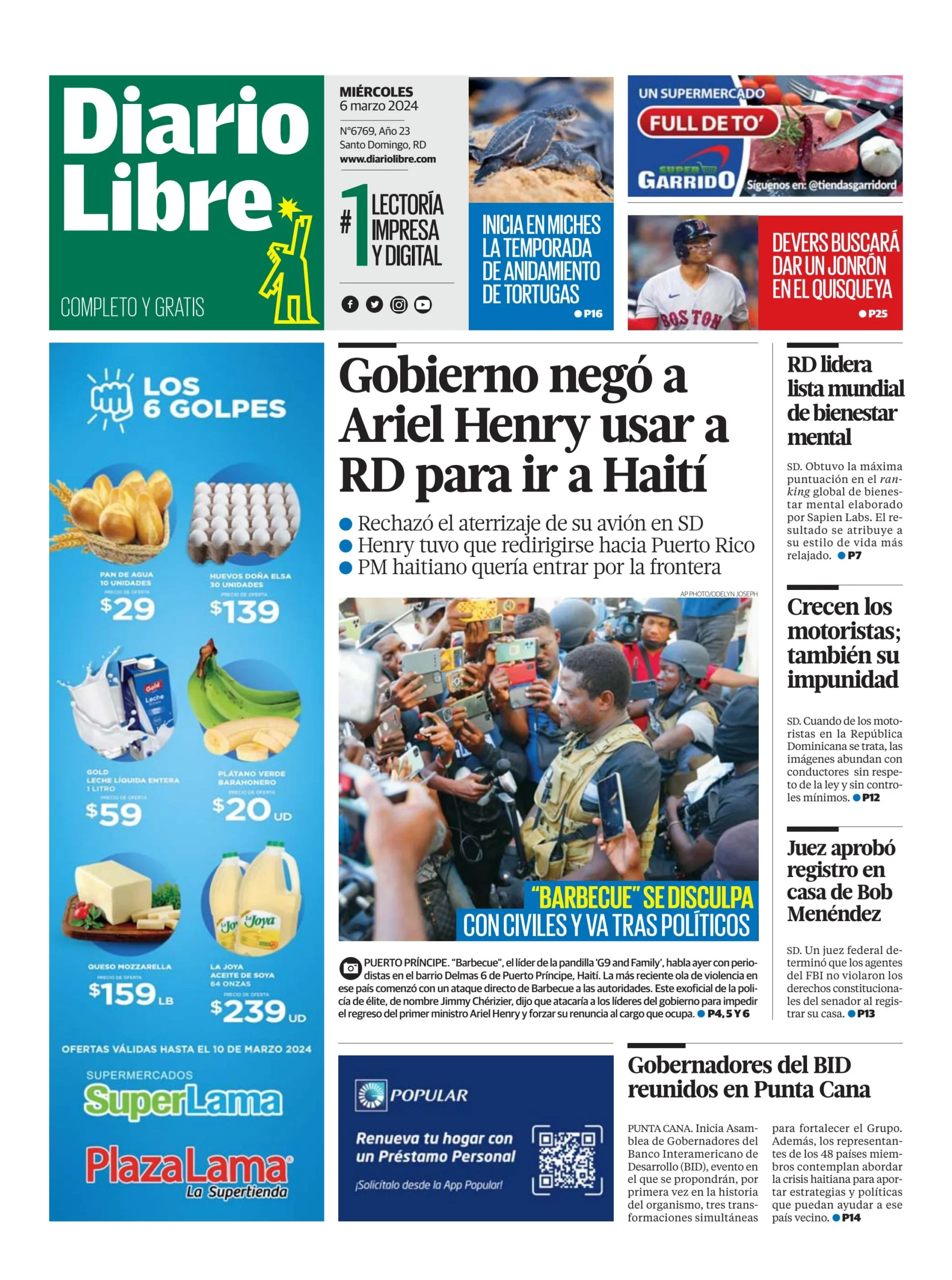 Portada Periódico Diario Libre, Miércoles 06 Marzo, 2024