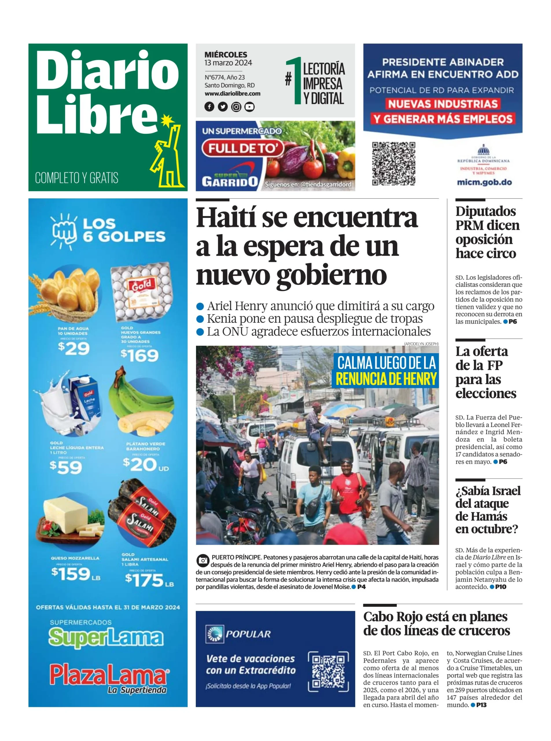 Portada Periódico Diario Libre, Miércoles 13 Marzo, 2024
