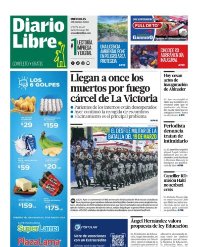 Portada Periódico Diario Libre, Miércoles 20 Marzo, 2024