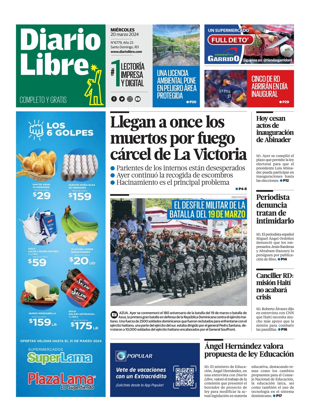 Portada Periódico Diario Libre, Miércoles 20 Marzo, 2024