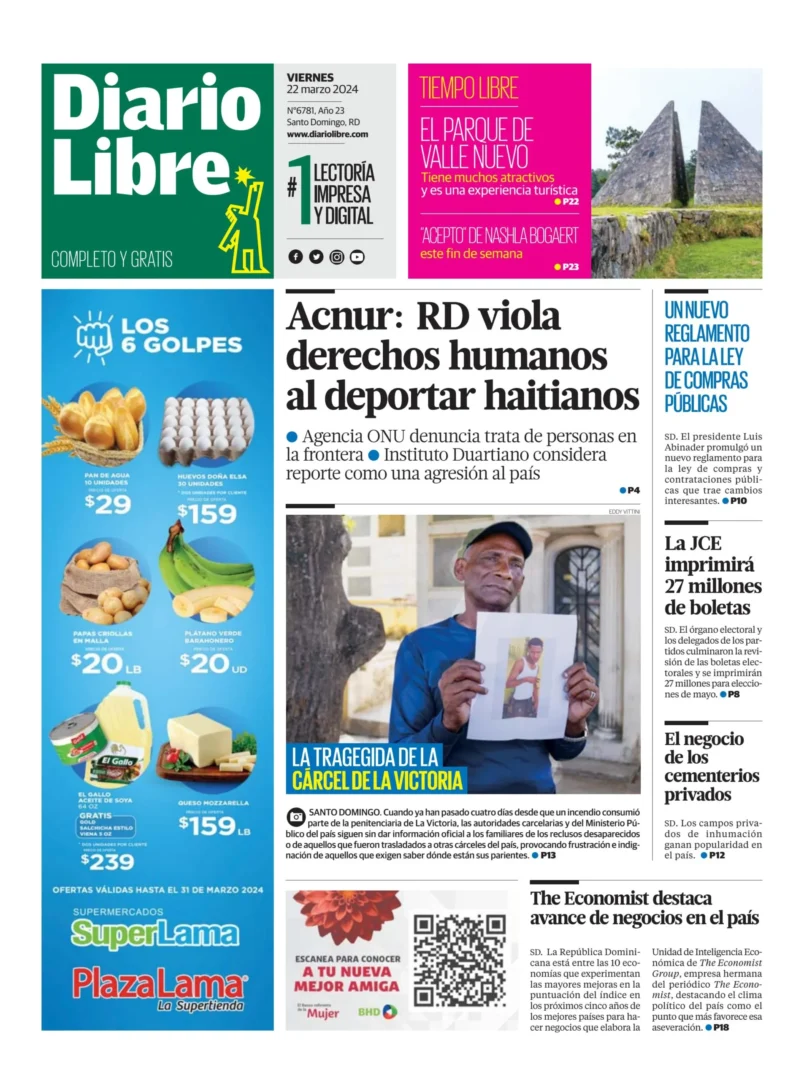 Portada Periódico Diario Libre, Viernes 22 Marzo, 2024
