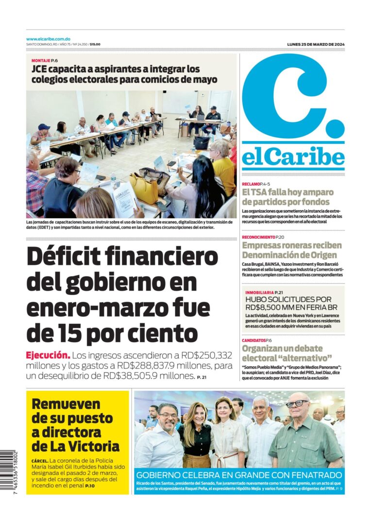Portada Periódico El Caribe, Lunes 25 Marzo, 2024