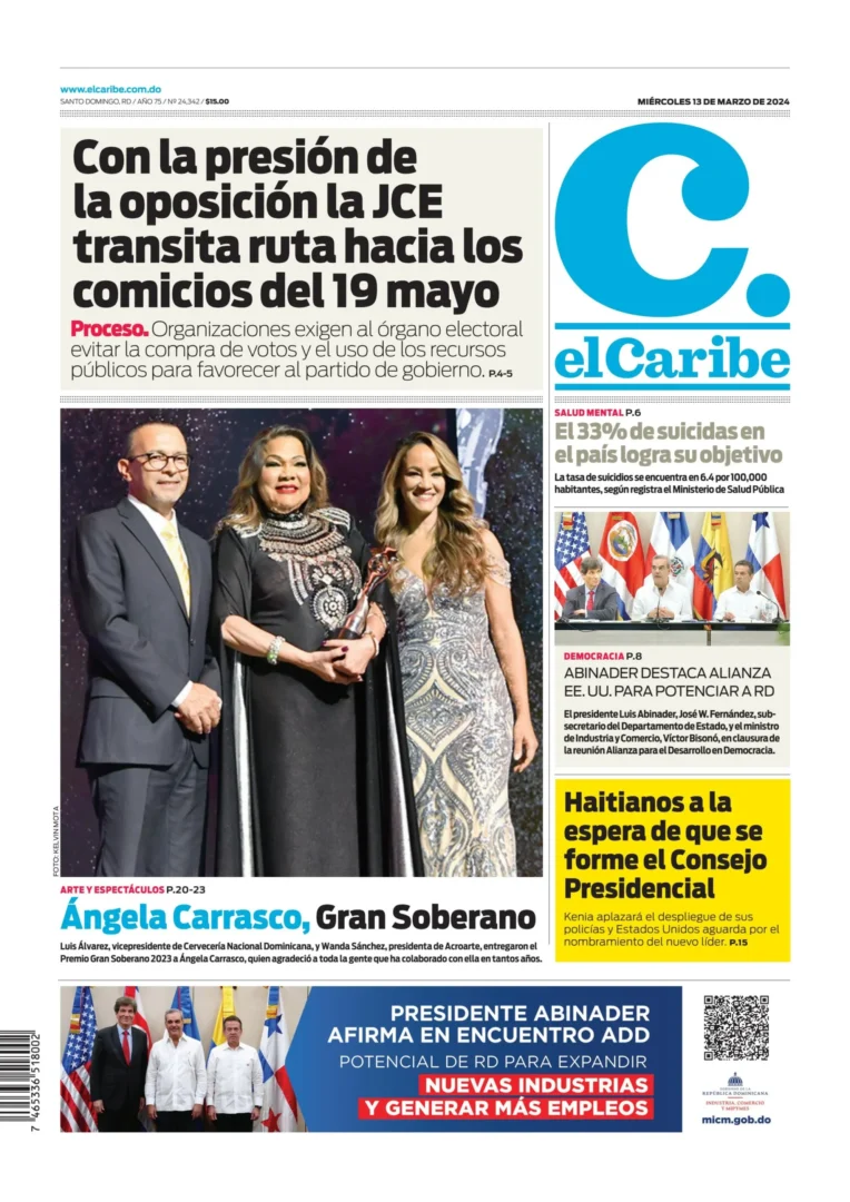 Portada Periódico El Caribe, Miércoles 13 Marzo, 2024